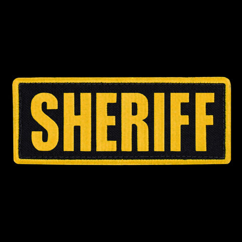 The Condor Sheriff Patch is a rectangular tactical patch featuring bold yellow SHERIFF lettering on black with a yellow border, perfect for law enforcement or military use.